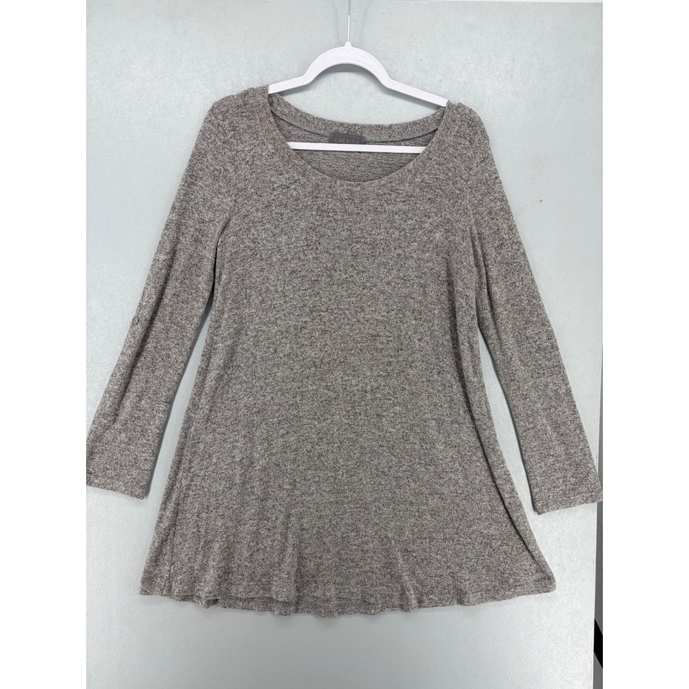 Cherish Tunic Top Womens Small Gray Marled Long Roll Tab Sleeve Scoop Neck